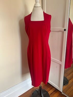 Talbots Red Square Neck Bodycon Pinup Classic Wiggle Sheath Dress - NWT Size 14